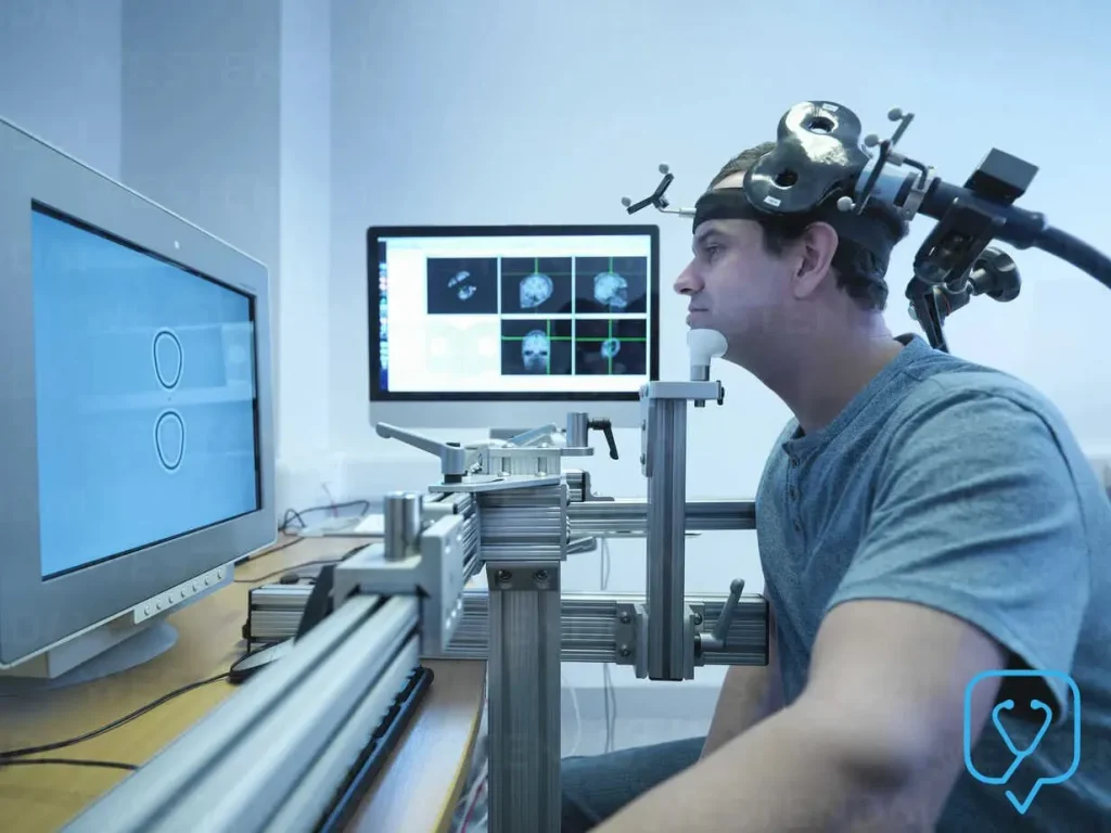 A patient undergoing brain stimulation in an addiction treatment center
