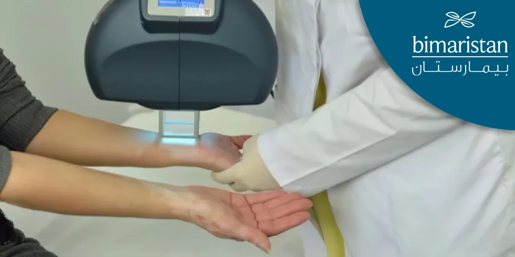 This image shows how vitiligo is treated using laser device